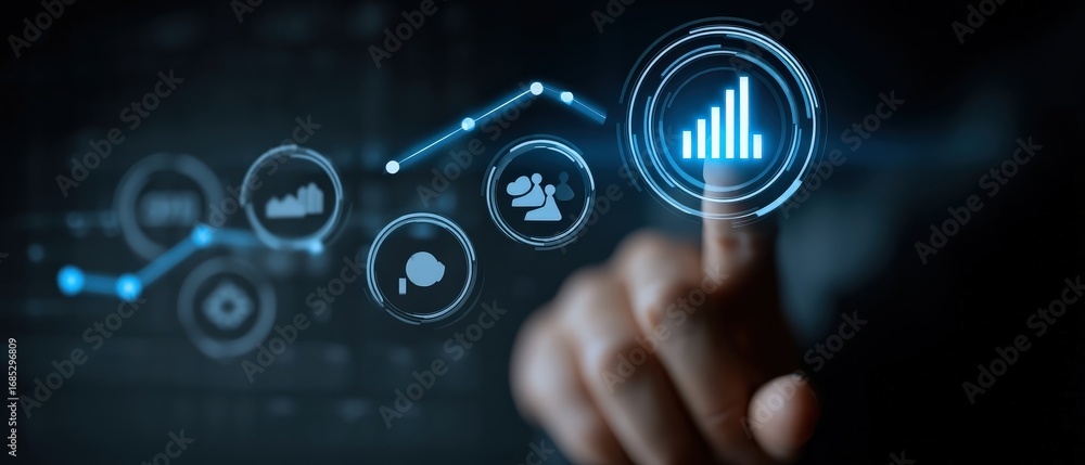 Fototapete a digital interface displaying analytics features, including graphs and icons, with a hand interacti