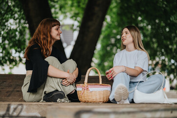 Two women sitting on park steps, enjoying a conversation with a basket and bags nearby.