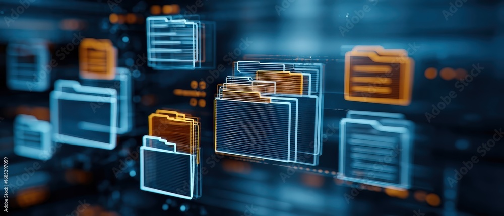 Poster a futuristic digital representation of folders and files, highlighting technology and data managemen
