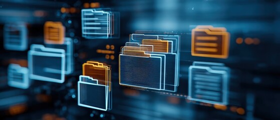 A futuristic digital representation of folders and files, highlighting technology and data management in a blue and orange color scheme.
