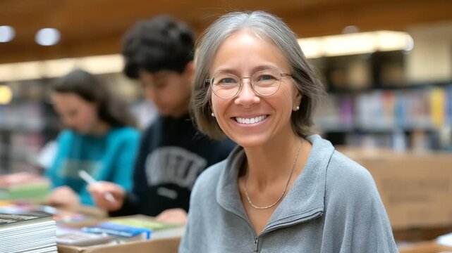A senior organizes a book drive in a school library with donation boxes filling books stacking students labeling and a librarian overseeing rendered in a charitable photo with