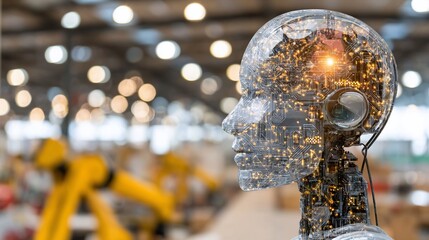 Futuristic Robot Head with Circuitry and Glowing Light in Industrial Environment