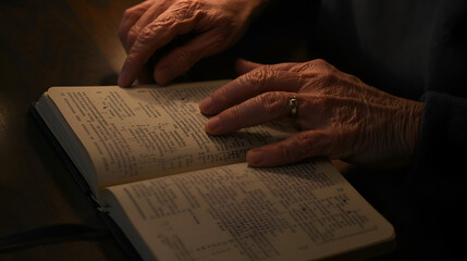 Naklejka premium Elderly Hands Reading Old Book for Knowledge and Wisdom Concept