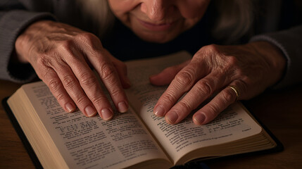 Naklejka premium Woman Reading Bible with Her Hands and Ring in Low Light