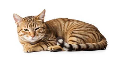 Fototapeta premium Relaxed Domestic Cat Resting Comfortably on White Background 