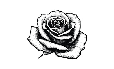 Intricate black and white rose illustration with detailed petals. Vector retro hand drawn illustration