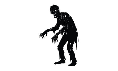 Obraz premium Silhouette of a creepy zombie in a tattered outfit with claws. Vector retro hand drawn illustration
