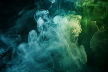 Obraz premium Swirling turquoise and green smoke plumes against dark background abstract texture
