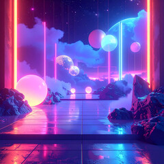 Futuristic Neon Digital Art with Floating Spheres