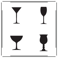 Silhouettes of Glassware, Black Drink Glasses Set, Wine Glasses, Cocktail Glasses, Beer Mugs, Martini Glasses, Barware Icons, Minimalist Drink Vectors, Beverage Glass Illustrations