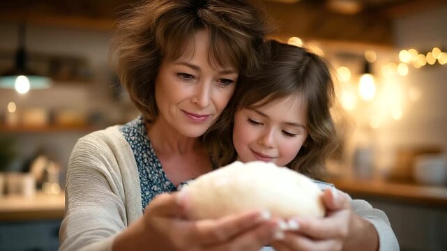 A thoughtful grandma teaches baking bread to her 5 year old granddaughter in a kitchen with dough kneading flour clouds and timers buzzing illustrated in a aromatic photo with