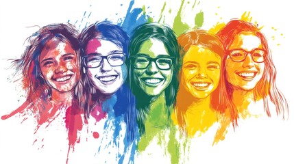 Obraz premium Five smiling young women with colorful paint splatters showing diversity and happiness