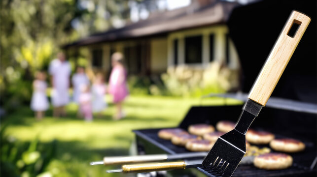 Photorealistic backyard barbecue grill with sizzling burgers and sausages festive Labor Day celebration family gathering in background outdoor summer party perfect for cookout or picnic marketing - Powered by Adobe