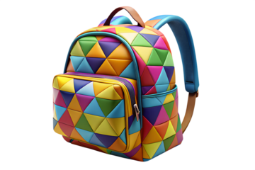 Photo of a colorful backpack with a geometric pattern of triangles, isolated on transparent background