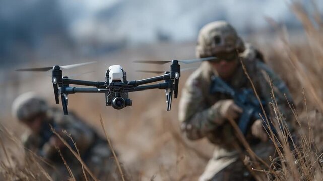 A high-tech military drone equipped with thermal imaging surveys a scorched battlefield, providing crucial intel to soldiers poised for action.