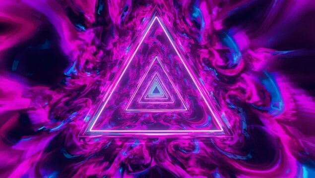 Futuristic hyperspace journey through a glowing neon pink triangular tunnel amidst swirling purple energy clouds