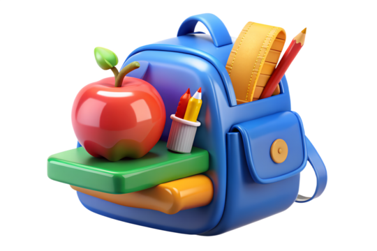 Photo of a blue backpack filled with school supplies including an apple, pencils, and a ruler, isolated on transparent background