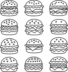 A charming set of twelve hand-drawn doodle burger illustrations, perfect for kids' menus and coloring activities
