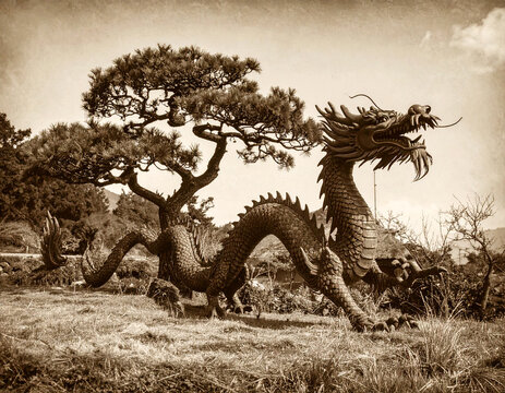 Vintage Photo Of A Traditional Chinese Dragon Sculpture Outdoors