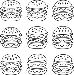 A simple collection of nine hand-drawn hamburger doodle illustrations, a cute line art set for fast food menus and kids coloring pages