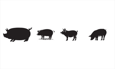 Silhouette of four pigs isolated on white background in a row