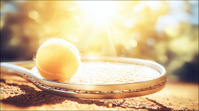 Close up of tennis racket and yellow ball on clay court in bright sunlight with copy space. Tennis background for sport concept design training or tournament poster promotion template