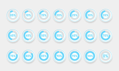Loading Progress circles. The circle icon template segment ranges from 0% to 100%. Design for Set of round colorful infographic pie charts. animated indicators that visually display loading, buffering