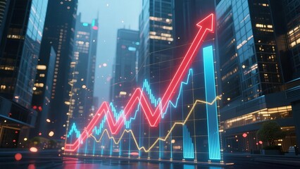 Glowing upward trend graph overlaying a cityscape at night, symbolizing economic growth.