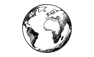 Obraz premium Hand-drawn black and white sketch of earth globe showing continents with detailed shading. Vector retro hand drawn illustration