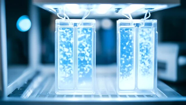 Electrophoresis units run gels in a molecular biology lab with buffers bubbling electrodes connecting DNA bands migrating and a UV transilluminator glowing nearby captured