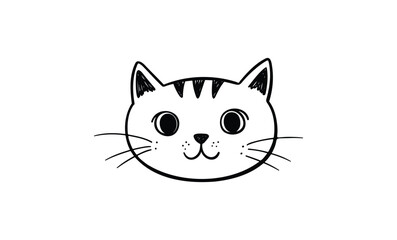 Simple line drawing of cat face with stripes and whiskers. Vector retro hand drawn illustration