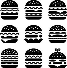 A Collection of Nine Black and White Burger Illustrations, Showcasing Diverse Layers and Ingredients
