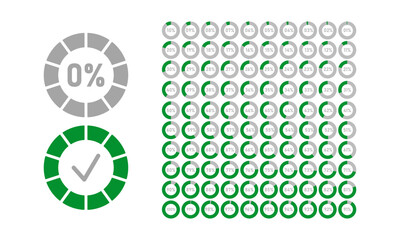 Loading Progress circles. The circle icon template segment ranges from 0% to 100%. Design for Set of round colorful infographic pie charts. animated indicators that visually display loading, buffering
