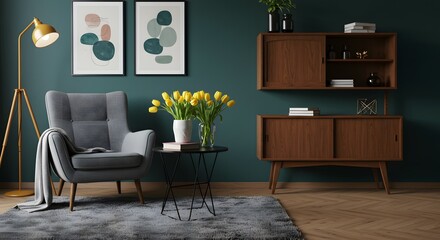 Cozy Interior Design with Armchair, Tulips, and Mid-Century Modern Furniture