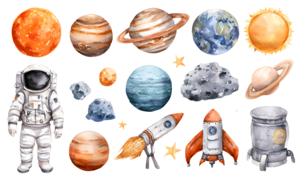 Big set of elements on the space theme. Planets, astonaut, rocket, stars, meterites, moon. Solar system bjects. Hand drawn watercoor illustration on white bckground. Image for childrn's decor.