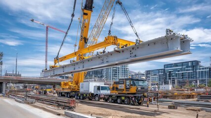 A bright yellow crane hoists a massive gray metal beam over a busy construction site with scaffolding and heavy machinery.
