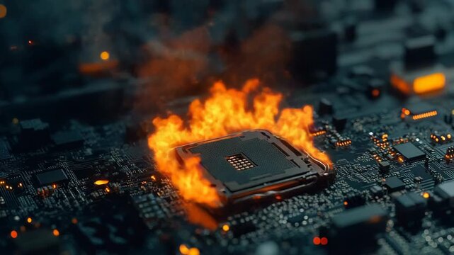 Burning cpu on fire on motherboard, computer on fire