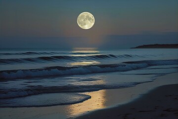 The view of the sea is quiet at night with moonlight shining through.