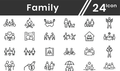 Family line icons set for web editable file. children, Contain icons related to parenthood, grandparents adoption, and more. Editable stroke. Vector illustration