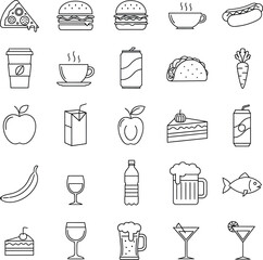 A delicious food and drink icon set with illustrations of coffee, pizza, and a chef cooking in the kitchen