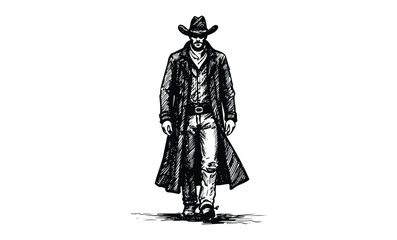 Fototapeta premium Young caucasian male cowboy in hat and long coat walking confidently. Vector retro hand drawn illustration