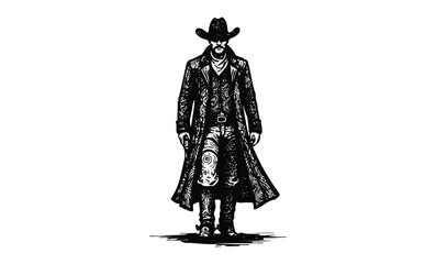 Obraz premium Black and white illustration of male cowboy in long coat and hat walking forward. Vector retro hand drawn illustration