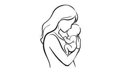Outline of female embracing newborn baby with love and care. Vector retro hand drawn illustration