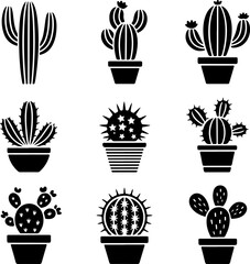 Illustrations of various cactus types in pots, perfect for design projects
