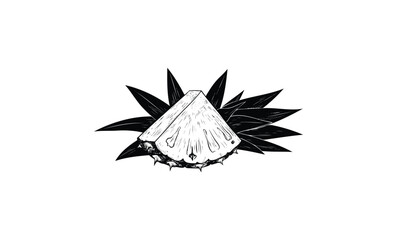 Black and white pineapple slice illustration with leaves. Vector retro hand drawn illustration