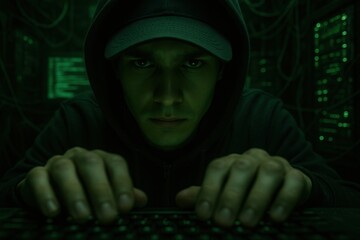 Man in dark hoodie and cap types on keyboard in server room with green light. He looks forward intensely symbolizing hacking, cybercrime, data breach and computer security