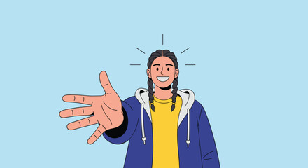 Young woman excitedly offers open handed greeting in a casual outfit