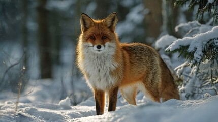 Obraz premium A red fox standing alert in a snowy forest with soft morning light, detailed fur texture
