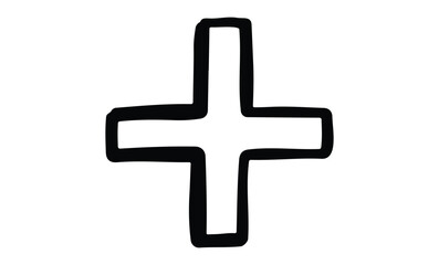 Obraz premium Bold black outline of a large plain plus sign. Vector retro hand drawn illustration