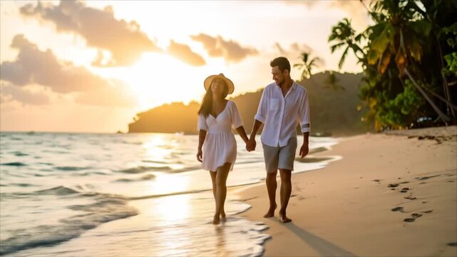 Couple walking beach sunset